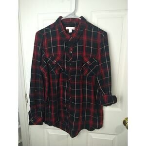 Westport 1962 Woman L Shirt Red Plaid Roll Tab Sleeve Flap Pocket Button Front